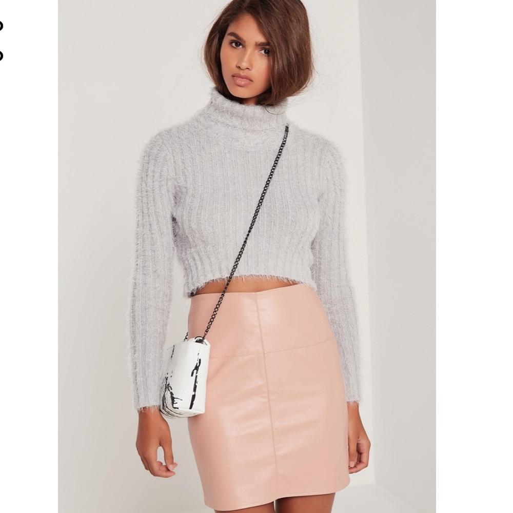 Gray cropped fluffy turtleneck sweater